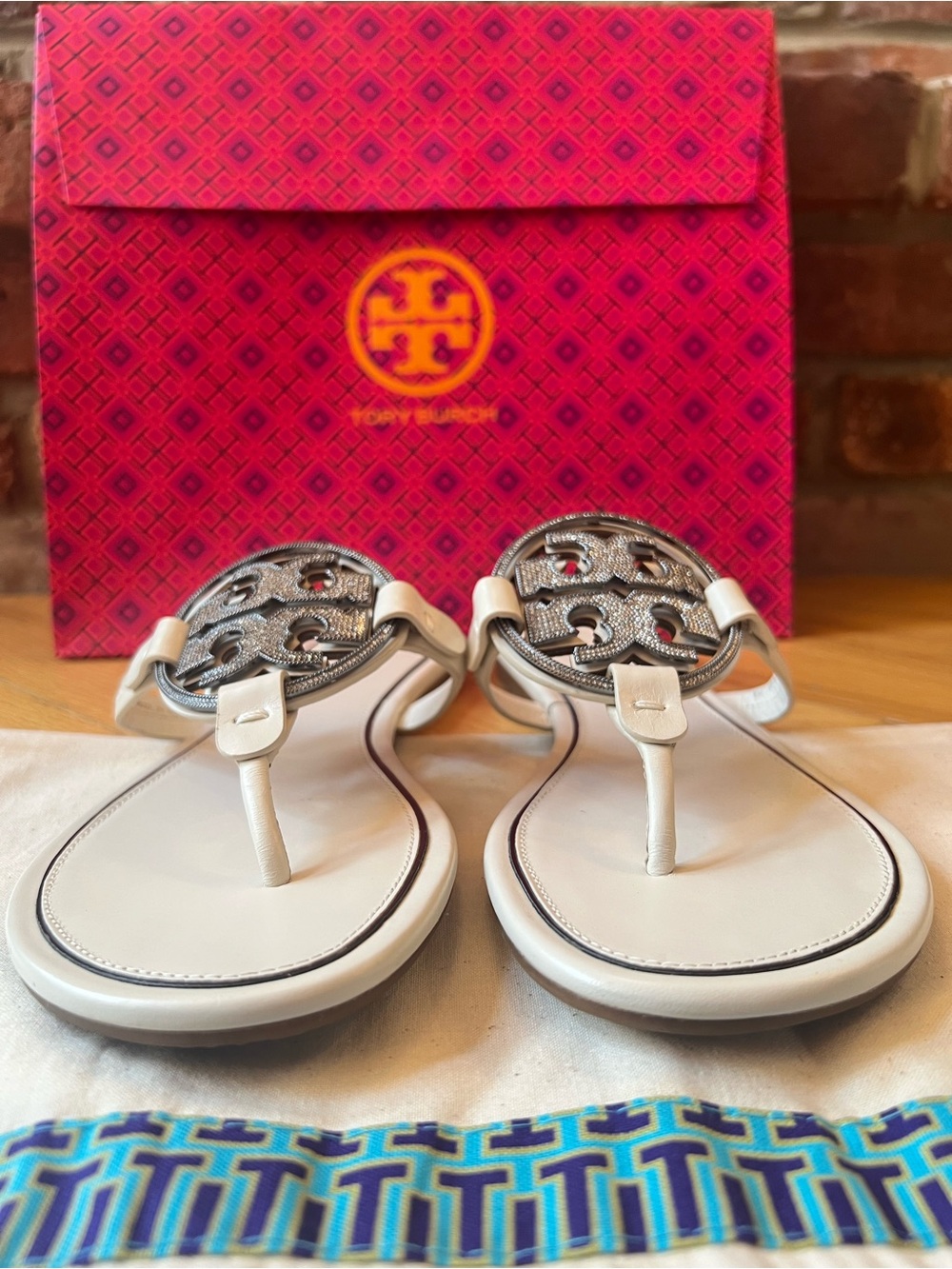 Tory Burch Bleach Ivory & Silver Metal Crystal Embellished Miller Sandals - Picture 4 of 13